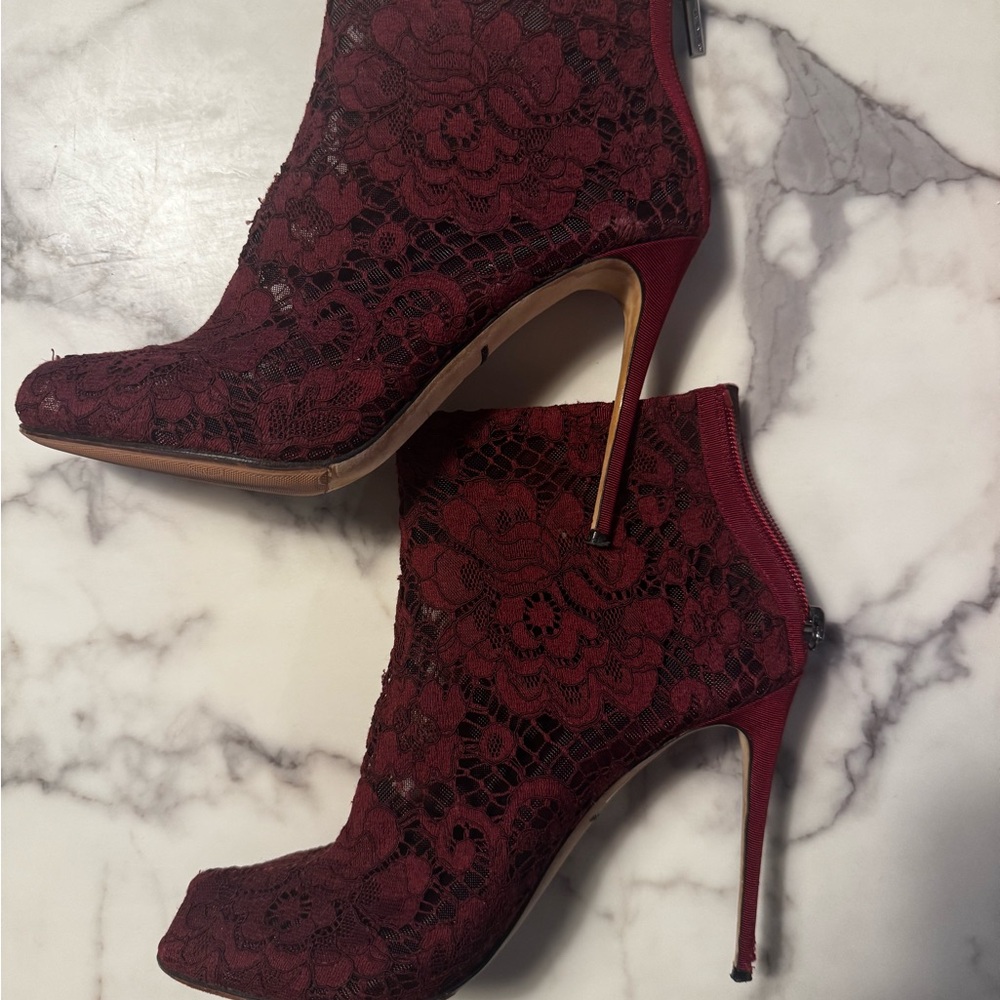 Elegant Burgundy Lace Stiletto Ankle Boots